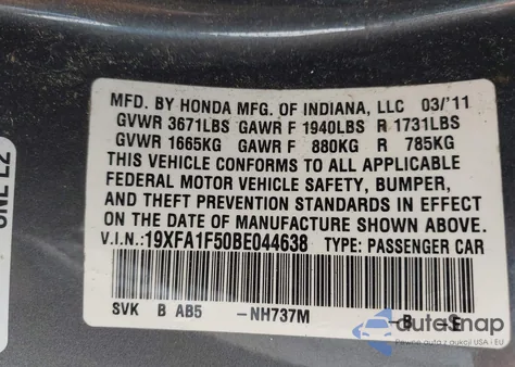 2011 Honda Civic Lx из США, поврежденный, VIN 19XFA1F50BE044638